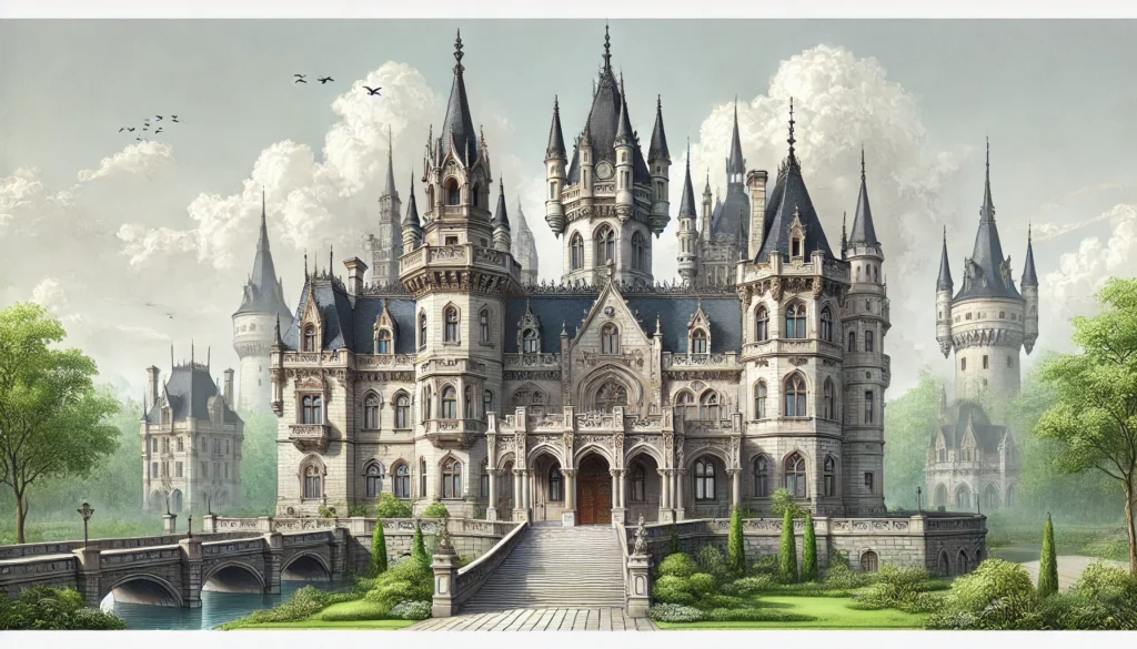 Illustration d'un château majestueux avec des tours élancées, des fenêtres en arc, et une architecture classique entourée de verdure.